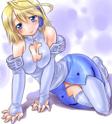 Rule 34 | 1girl, ahoge, arm support, bare shoulders, blonde hair, blush, breasts, cleavage, cleavage cutout, clothing cutout, dd (ijigendd), elbow gloves, gloves, green eyes, hip focus, large breasts, os-tan, os9, panties, short hair, skirt, solo, thighhighs, underwear, wide hips