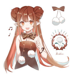 Rule 34 | 1girl, :d, bad id, bad pixiv id, bangle, bare shoulders, beamed eighth notes, black bow, bow, bracelet, brown bow, brown eyes, brown hair, cropped torso, double bun, hair bun, hand up, index finger raised, jewelry, long hair, looking at viewer, lowres, musical note, open mouth, original, pointy ears, quarter note, rero (bigdoorbig2), round teeth, simple background, smile, solo, strapless, striped, striped bow, teeth, upper body, upper teeth only, very long hair, white background
