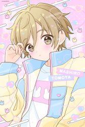 Rule 34 | 1boy, blonde hair, blue jacket, blush, brown hair, character name, closed mouth, ensemble stars!, hairpin, heart, highres, jacket, long sleeves, looking at viewer, male focus, manamoko (fancy surprise!), mashiro tomoya, multicolored clothes, multicolored jacket, multicolored shirt, multiple hairpins, pink background, pink shirt, shirt, short hair, solo, white shirt, yellow jacket