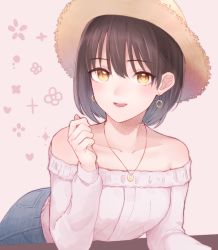 Rule 34 | 1girl, :d, bent over, blush, brown hair, brown hat, collarbone, denim, earrings, hat, idolmaster, idolmaster cinderella girls, jeans, jewelry, long sleeves, looking at viewer, monotiina, necklace, off-shoulder shirt, off shoulder, open mouth, pants, pendant, pink shirt, shirt, short hair, smile, solo, straw hat, takafuji kako, upper body, yellow eyes