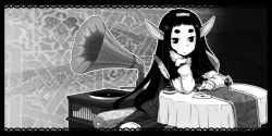 Rule 34 | 1girl, border, chair, gramophone, greyscale, hand on another&#039;s chin, hand on own chin, inkwell, letter, long hair, messier number, monochrome, original, phonograph, pointy ears, quill, sitting, solo, table