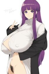 Rule 34 | 1girl, absurdres, aizawa marimo, black coat, breasts, coat, covered erect nipples, cropped legs, dress, fern (sousou no frieren), flashing, highres, huge breasts, long hair, mismatched pubic hair, partially unbuttoned, bar (place), pubic hair, purple hair, solo, sousou no frieren, standing, undressing, v, white dress