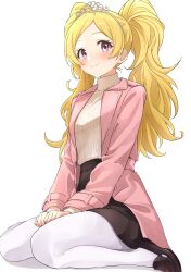 Rule 34 | absurdres, b1ack illust, black skirt, blonde hair, blush, coat, commentary, emily stewart, highres, idolmaster, idolmaster million live!, looking at viewer, pantyhose, parted bangs, pink coat, simple background, sitting, skirt, smile, sweater tucked in, tiara, twintails, wariza, white background, white pantyhose