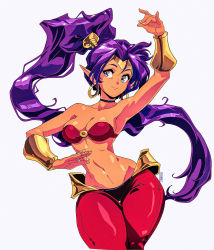 Rule 34 | 1girl, arabian clothes, arm up, armpits, bare shoulders, belly dancing, blue eyes, bracer, breasts, choker, circlet, cleavage, commentary, dancing, dark-skinned female, dark skin, david liu, earrings, english commentary, grey background, harem pants, high ponytail, highres, hoop earrings, jewelry, long hair, looking to the side, medium breasts, midriff, narrow waist, navel, o-ring, o-ring top, pants, pointy ears, purple hair, red pants, shantae, shantae (series), shantae and the seven sirens, simple background, smile, solo, thick thighs, thigh gap, thighs, very long hair, wide hips