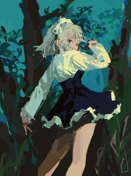 Rule 34 | 1girl, arm up, bad id, bad twitter id, bare legs, between fingers, black dress, blue eyes, dark, dress, feet out of frame, forest, frilled hairband, frills, from behind, grey hair, hairband, highres, holding, holding knife, izayoi sakuya, knife, knives between fingers, legs apart, long sleeves, looking at viewer, looking back, maid, maid headdress, nature, night, no lineart, outdoors, parted lips, reddizen, short dress, short hair, solo, standing, touhou, tree, underbust, white hairband