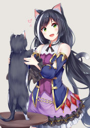 Rule 34 | 1girl, :d, animal, animal ear fluff, animal ears, bare shoulders, black cat, black hair, blue sleeves, cat, cat ears, cat girl, cat tail, commentary request, detached sleeves, fang, frilled skirt, frills, green eyes, grey background, head tilt, highres, holding, holding animal, irohara, karyl (princess connect!), long hair, long sleeves, low twintails, multicolored hair, open mouth, princess connect!, puffy long sleeves, puffy sleeves, purple skirt, shirt, simple background, skirt, sleeveless, sleeveless shirt, smile, solo, standing, streaked hair, table, tail, twintails, very long hair, white hair, white shirt