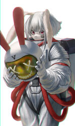 Rule 34 | 1other, ambiguous gender, animal ears, animal nose, astronaut, backpack, bag, black cat207, closed mouth, frown, furry, helmet, highres, holding, holding helmet, looking at viewer, original, rabbit, rabbit ears, red eyes, short hair, solo, space helmet, spacesuit, white hair