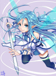 Rule 34 | 10s, 1girl, 2014, asuna (sao), asuna (sao-alo), blue eyes, blue hair, blue thighhighs, boots, dated, jewelry, long hair, looking at viewer, matching hair/eyes, pisuke, pointy ears, ring, signature, simple background, smile, solo, sword, sword art online, thighhighs, weapon, wedding band, white footwear, wings