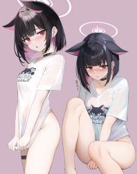 Rule 34 | 1girl, absurdres, animal ears, ass, black choker, black hair, blue archive, blush, bottomless, breasts, cat ears, choker, closed mouth, colored inner hair, commentary request, extra ears, groin, halo, highres, kazusa (band) (blue archive), kazusa (blue archive), looking at viewer, medium breasts, multicolored hair, multiple views, official alternate costume, pink hair, pink halo, purple background, purple eyes, red eyes, ryouta (ryouta335), shirt, shirt tug, short hair, short sleeves, simple background, thigh strap, white shirt