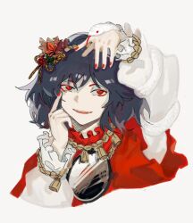 Rule 34 | 1girl, black hair, cocopalm, finger to eye, frilled sleeves, frills, hand on own head, highres, layered sleeves, long sleeves, medium hair, open mouth, red eyes, red nails, red shirt, rope, shimenawa, shirt, short over long sleeves, short sleeves, simple background, smile, solo, touhou, white background, white shirt, yasaka kanako