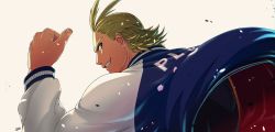 Rule 34 | 1boy, antenna hair, blonde hair, boku no hero academia, chiakikor, graphite (medium), grin, highres, jacket, looking at viewer, looking back, male focus, simple background, smile, solo, sportswear, teeth, thumbs up, traditional media, white background, yagi toshinori, aged down