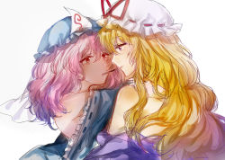 Rule 34 | 2girls, back, blonde hair, blue headwear, blue kimono, clothes pull, commentary, dress, dress pull, english commentary, eye contact, food, from side, hair between eyes, hat, hat ribbon, hu su, hug, imminent kiss, japanese clothes, kimono, kimono pull, long hair, looking at another, mob cap, mouth hold, multiple girls, pink eyes, pink hair, pocky, purple dress, purple eyes, red ribbon, ribbon, saigyouji yuyuko, see-through, short hair, simple background, sketch, touhou, triangular headpiece, upper body, veil, white background, white headwear, wife and wife, yakumo yukari, yuri