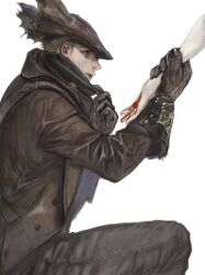 Rule 34 | 1boy, 1other, blood, blood on hands, bloodborne, brown gloves, brown headwear, brown jacket, brown pants, brown scarf, gloves, guri otoko, hands up, hat, highres, holding another&#039;s wrist, hunter (bloodborne), jacket, long sleeves, male focus, on one knee, pants, profile, scarf, scarf pull, shiny clothes, simple background, solo focus, tricorne, white background