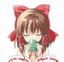 Rule 34 | 1girl, :d, animated, animated gif, ascot, bare shoulders, bow, brown eyes, brown hair, cookie (touhou), cup, detached sleeves, drinking, closed eyes, hair bow, hair tubes, hakurei reimu, happy, head tilt, japanese clothes, looking at viewer, lowres, miko, open mouth, reu (cookie), smile, solo, talking, tareme, teacup, touhou, upper body, wide sleeves, yunomi