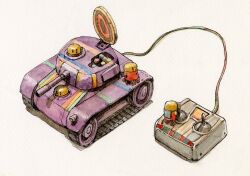 absurdres artist_name ballpoint_pen_(medium) cable caterpillar_tracks controller highres mechanical_arms mechanical_legs military_vehicle motor_vehicle no_humans original painting_(medium) pen_(medium) robot tagme tank toy_tank traditional_media tsuboi_hajime watercolor_(medium) white_background