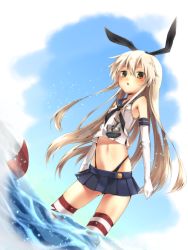 Rule 34 | 10s, 1girl, anchor hair ornament, bare shoulders, black bow, black panties, blonde hair, blue skirt, blue sky, bow, brown eyes, crop top, crop top overhang, day, elbow gloves, gloves, hair bow, hair ornament, hairband, highleg, highleg panties, highres, kantai collection, lifebuoy, long hair, looking at viewer, microskirt, midriff, moffuu, navel, ocean, panties, pleated skirt, shimakaze (kancolle), skindentation, skirt, sky, solo, striped clothes, striped thighhighs, swim ring, thighhighs, triangle mouth, underwear, wading, white gloves