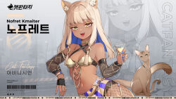 1girl animal_ears armpit_crease blonde_hair blue_hair breasts cat cat_ears cat_fantasy dark_skin dot_nose eyebrows eyeliner game_cg gold_bra hair_between_eyes hand_up highres long_hair makeup navel nofret_kmaiter official_art open_mouth small_breasts smug smug_smile solo teeth tongue yellow_eyes