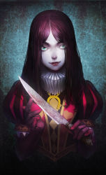 Rule 34 | 1girl, alice: madness returns, alice (alice in wonderland), alice in wonderland, alice liddell (american mcgee&#039;s alice), american mcgee&#039;s alice, bad id, bad pixiv id, brown hair, gloves, green eyes, heart, highres, jewelry, knife, lip (lih8), long hair, neck ruff, necklace, pale skin, solo, vorpal blade, weapon