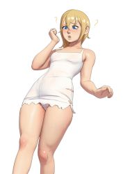 Rule 34 | 1girl, ?, bare legs, bare shoulders, blonde hair, blue eyes, blush, dress, feet out of frame, female focus, from below, hair between eyes, highres, john doe, kingdom hearts, lips, namine, open mouth, panties, pantyshot, short dress, short hair, simple background, solo, sweat, torn clothes, torn dress, underwear, white background, white dress, white panties