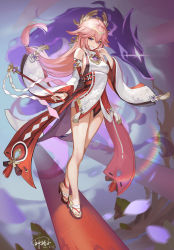 Rule 34 | 1girl, absurdres, animal ears, anklet, bare legs, bare shoulders, breasts, commentary request, detached sleeves, fox ears, fox girl, fox tail, full body, genshin impact, god hunter, gohei, hair between eyes, hair ornament, high heels, highres, holding, holding staff, japanese clothes, jewelry, legs, long hair, long legs, pink hair, purple eyes, resolution mismatch, revision, sandals, sideboob, smile, source smaller, staff, tail, toes, wide sleeves, yae miko