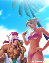 2boys 2girls abs alternate_costume amy_(fire_emblem) artist_name bag beach beard bikini blonde_hair blue_eyes blush calill_(fire_emblem) child chinese_commentary dark-skinned_male dark_skin eating facial_hair fire_emblem fire_emblem:_path_of_radiance fire_emblem:_radiant_dawn food hair_bun hand_on_own_hip holding holding_bag holding_food holding_popsicle laguz_(fire_emblem) large_pectorals largo_(fire_emblem) muarim_(fire_emblem) multiple_boys multiple_girls muscular muscular_male navel nintendo nose_blush ocean palm_tree pectorals pink_bikini plastic_bag popsicle purple_eyes purple_hair swimsuit tiger_boy topless_male tormod_(fire_emblem) tree twintails zelo-lee