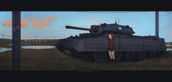 Rule 34 | 10s, 1girl, :d, absurdres, arms behind back, black skirt, black socks, blue sky, cloud, commentary request, crusader (tank), girls und panzer, grass, highres, jacket, letterboxed, looking at viewer, military, military vehicle, motor vehicle, murasaki saki, open mouth, outdoors, pleated skirt, power lines, red eyes, red hair, red jacket, rosehip (girls und panzer), skirt, sky, smile, socks, solo, standing, tank, utility pole, wing collar