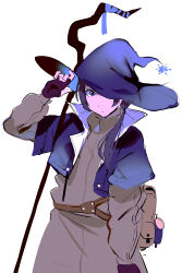 Rule 34 | 1girl, absurdres, alternate costume, backpack, bag, black gloves, blue eyes, blue hair, blue jacket, brown bag, brown dress, closed mouth, commentary, cowboy shot, cropped jacket, dark blue hair, dress, expressionless, fantasy, fingerless gloves, gloves, hat, highres, jacket, link! like! love live!, long hair, long sleeves, looking at viewer, love live!, low twintails, murano sayaka, okpriko, open clothes, open jacket, puffy long sleeves, puffy sleeves, simple background, solo, staff, symbol-only commentary, twintails, white background, witch hat, wizard