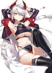 Rule 34 | 1girl, antenna hair, armpits, arms up, azur lane, black thighhighs, breasts, coat, collar, cropped shirt, cross, hair between eyes, headgear, heart, highleg, highleg panties, highres, iron cross, large breasts, long hair, looking at viewer, microphone, miniskirt, mole, mole on breast, navel, official alternate costume, one eye closed, panties, prinz eugen (azur lane), prinz eugen (final lap) (azur lane), red panties, silver hair, simple background, sitting, skirt, solo, swept bangs, thighhighs, two side up, underwear, very long hair, white background, white coat, white collar, yellow eyes, yukineko1018