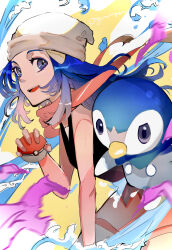 Rule 34 | 1girl, absurdres, beanie, black shirt, blue hair, commentary request, creatures (company), dawn (pokemon), game freak, gen 4 pokemon, grey eyes, hat, highres, holding, holding poke ball, long hair, looking at viewer, nintendo, ogura aoi, open mouth, orange scarf, piplup, poke ball, pokemon, pokemon dppt, scarf, shirt, sleeveless, sleeveless shirt, smile, solo, teeth, tongue, upper teeth only, white hat