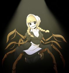 Rule 34 | 1girl, absurdres, apron, black eyes, blonde hair, breasts, cliffside, collarbone, cordie (cliffside), deredereday, full body, highres, arthropod girl, looking at viewer, maid, maid apron, medium hair, monster girl, open mouth, solo, spider girl