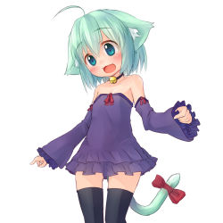 Rule 34 | 1girl, animal ears, bare shoulders, bell, black thighhighs, blush, bow, cat ears, cat tail, choker, detached sleeves, flat chest, green eyes, green hair, highres, jingle bell, kurumi (ueno musashi), matching hair/eyes, open mouth, original, short hair, simple background, smile, solo, tail, tail bow, tail ornament, thighhighs, ueno musashi, white background