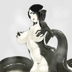 Rule 34 | 1girl, black hair, blush, breasts, breasts squeezed together, censored, eel, grey eyes, huge breasts, kaiki hito jinkan, long hair, monster girl, nipples, nude, open mouth, original, pussy, shiny skin, simple background, solo, tail