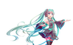 Rule 34 | 1girl, absurdres, aqua eyes, detached sleeves, green hair, hatsune miku, headset, highres, jam (plumjam), long hair, nail polish, necktie, open mouth, skirt, solo, thighhighs, twintails, very long hair, vocaloid, white background, yamaha