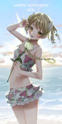 Rule 34 | 1girl, :d, absurdres, bare shoulders, bikini, blonde hair, blurry, blush, breasts, collarbone, cowboy shot, depth of field, dutch angle, flower, frilled bikini, frills, hair flower, hair ornament, hand up, happy birthday, highres, holding, holding flower, horizon, idolmaster, idolmaster cinderella girls, light smile, looking at viewer, midriff, morikubo nono, navel, ningen mame, ocean, open mouth, print bikini, ringlets, rose, small breasts, smile, solo, sunlight, swimsuit, twintails