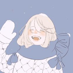 Rule 34 | 1girl, blonde hair, blue background, blue scarf, blush, bow, closed eyes, commentary, enpera, facing viewer, hand up, highres, jacket, medium hair, mittens, nose blush, open mouth, original, scarf, shim 46, simple background, smile, snow, solo, swept bangs, teeth, tongue, upper body, upper teeth only