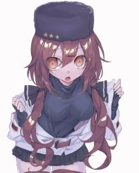 Rule 34 | 1girl, black bow, black skirt, bow, breasts, brown eyes, brown hair, fur hat, hair between eyes, hair ornament, hairclip, hat, highres, jacket, kantai collection, leaning forward, long hair, long sleeves, looking at viewer, low twintails, medium breasts, miniskirt, open mouth, papakha, picoli1313, shirt, simple background, skirt, solo, star (symbol), tashkent (kancolle), twintails, white background, white jacket