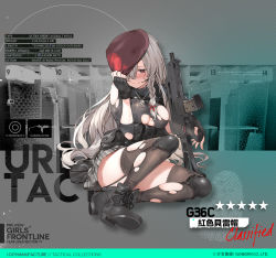 Rule 34 | 1girl, 3:, assault rifle, beret, black gloves, black thighhighs, blush, boots, braid, breasts, cleavage, cross-laced footwear, fingerless gloves, full body, g36c (girls&#039; frontline), garter straps, girls&#039; frontline, gloves, gun, h&amp;k g36, hair over one eye, hair ribbon, hat, hat tug, knee pads, large breasts, long hair, official alternate costume, official art, parsley-f, plaid, plaid skirt, pleated skirt, pouch, red eyes, ribbon, rifle, side braid, silver hair, sitting, skirt, solo, thighhighs, torn clothes, torn thighhighs, weapon
