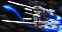 Rule 34 | daue, flying, from above, gundam, gundam narrative, highres, looking down, mecha, mobile suit, motion blur, narrative gundam, narrative gundam a-packs, no humans, robot, science fiction, signature, solo, v-fin