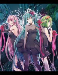 Rule 34 | 3girls, aqua eyes, aqua hair, dress, elbow gloves, fishnet pantyhose, fishnets, flower, garter straps, gloves, green eyes, green hair, gumi, hat, hatsune miku, headphones, highres, letterboxed, long hair, megurine luka, microphone, microphone stand, mini hat, mini top hat, multiple girls, music, noka (blackheart1118), open mouth, pantyhose, pink hair, singing, thighhighs, top hat, twintails, very long hair, vocaloid, zoom layer