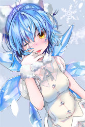 Rule 34 | 1girl, ;p, ahoge, alternate costume, alternate eye color, bad id, bad pixiv id, beige bow, beige dress, beige neckwear, blue hair, blurry, blush, bow, bowtie, breasts, cirno, depth of field, dutch angle, fur trim, gloves, grey background, hair between eyes, hair bow, hand on own face, highres, ice, ice wings, looking at viewer, medium breasts, niku (hamuchang), nose blush, one eye closed, puffy short sleeves, puffy sleeves, short hair, short sleeves, simple background, snowflakes, snowing, solo, standing, tongue, tongue out, touhou, upper body, white bow, white gloves, wings, yellow eyes
