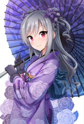 Rule 34 | 10s, 1girl, alternate hairstyle, black gloves, breasts, carrying over shoulder, closed mouth, cowboy shot, drill hair, floral background, floral print, flower, from side, fur trim, gloves, grey hair, hair flower, hair ornament, hair ribbon, highres, holding, holding umbrella, idolmaster, idolmaster cinderella girls, idolmaster cinderella girls starlight stage, japanese clothes, kanzaki ranko, kimono, kitiku, long hair, long sleeves, looking at viewer, obi, oil-paper umbrella, print kimono, print umbrella, purple flower, purple ribbon, red eyes, ribbon, sash, small breasts, smile, solo, swept bangs, twin drills, two side up, umbrella, white background, wide sleeves