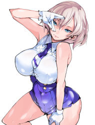 Rule 34 | 1girl, absurdres, bare shoulders, blue eyes, breasts, brown hair, corset, covered erect nipples, gridman universe, hand on thigh, highres, impossible clothes, instance domination, large breasts, looking at viewer, medium hair, mujina, necktie, off shoulder, purple corset, purple shorts, shorts, simple background, smile, solo, ssss.dynazenon, takayama toshinori, white background