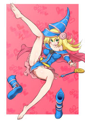 Rule 34 | 1girl, bare shoulders, barefoot, blonde hair, blush, boots, unworn boots, border, collarbone, dark magician girl, duel monster, dynamite tomokazu, feet, female focus, full body, green eyes, hat, highres, leg up, long hair, open mouth, pink background, shiny skin, solo, spread legs, toes, white border, yu-gi-oh!