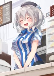Rule 34 | 10s, 1girl, :d, ^ ^, black skirt, blush, clerk, closed eyes, convenience store, employee uniform, closed eyes, grey hair, hat, highres, igayan, kantai collection, kashima (kancolle), lawson, name tag, open mouth, shop, short sleeves, skirt, smile, solo, store clerk, striped, twintails, uniform