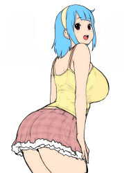 Rule 34 | 1girl, ass, blue hair, bra, bra visible through clothes, breasts, camisole, cowboy shot, erkaz, from side, hairband, highres, huge breasts, medium hair, open mouth, original, plaid, plaid skirt, red bra, red skirt, rina atherina, simple background, skirt, solo, underwear, white background, yellow camisole, yellow hairband