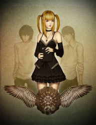 Rule 34 | 1girl, 2boys, amane misa, bare shoulders, black dress, blonde hair, blunt bangs, cross, cross necklace, death note, death note (object), detached sleeves, dress, feathered wings, gears, highres, holding, jewelry, l (death note), multiple boys, nail polish, naranavy, necklace, poenatsha yuen, roman numeral, short dress, short twintails, twintails, two side up, wings, yagami light