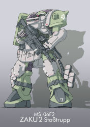 Rule 34 | armor, call of duty, character name, commentary request, full body, grey background, gun, gundam, insignia, juggernaut (call of duty), machine gun, magazine (weapon), mecha, missile pod, mobile suit gundam, nenchi, no humans, one-eyed, reactive armor, robot, shoulder spikes, spikes, standing, weapon, zaku ii f2, zeon