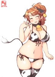 Rule 34 | 1girl, alternate costume, animal ears, animal print, aquila (kancolle), artist logo, bell, bikini, breasts, commentary request, cow ears, cow horns, cow print, cow tail, cowbell, cowboy shot, dated, ear tag, closed eyes, fake animal ears, fake horns, front-tie top, hair ornament, hairclip, high ponytail, highres, horns, kanon (kurogane knights), kantai collection, large breasts, long hair, orange hair, side-tie bikini bottom, simple background, solo, swimsuit, tail, thighhighs, wavy hair, white background, white bikini, white thighhighs