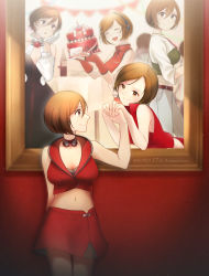 Rule 34 | 5girls, ^ ^, absurdres, after0217, alternate costume, anniversary, blouse, brown eyes, brown hair, cake, closed eyes, food, highres, holding, holding cake, holding food, holding hands, looking at another, meiko (vocaloid), meiko (vocaloid3), midriff, miku symphony (vocaloid), multiple girls, multiple persona, picture frame, project sekai, red shirt, red theme, shirt, short hair, sleeveless, through medium, through painting, vivid bad squad meiko, vocaloid