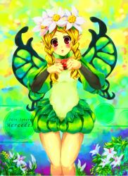Rule 34 | 1girl, bad id, bad pixiv id, blonde hair, blush, braid, butterfly wings, fairy, flower, hair flower, hair ornament, insect wings, mercedes (odin sphere), nature, odin sphere, puff and slash sleeves, puffy sleeves, red eyes, shorts, solo, twin braids, white flower, wings, yoshimoto (dear life)
